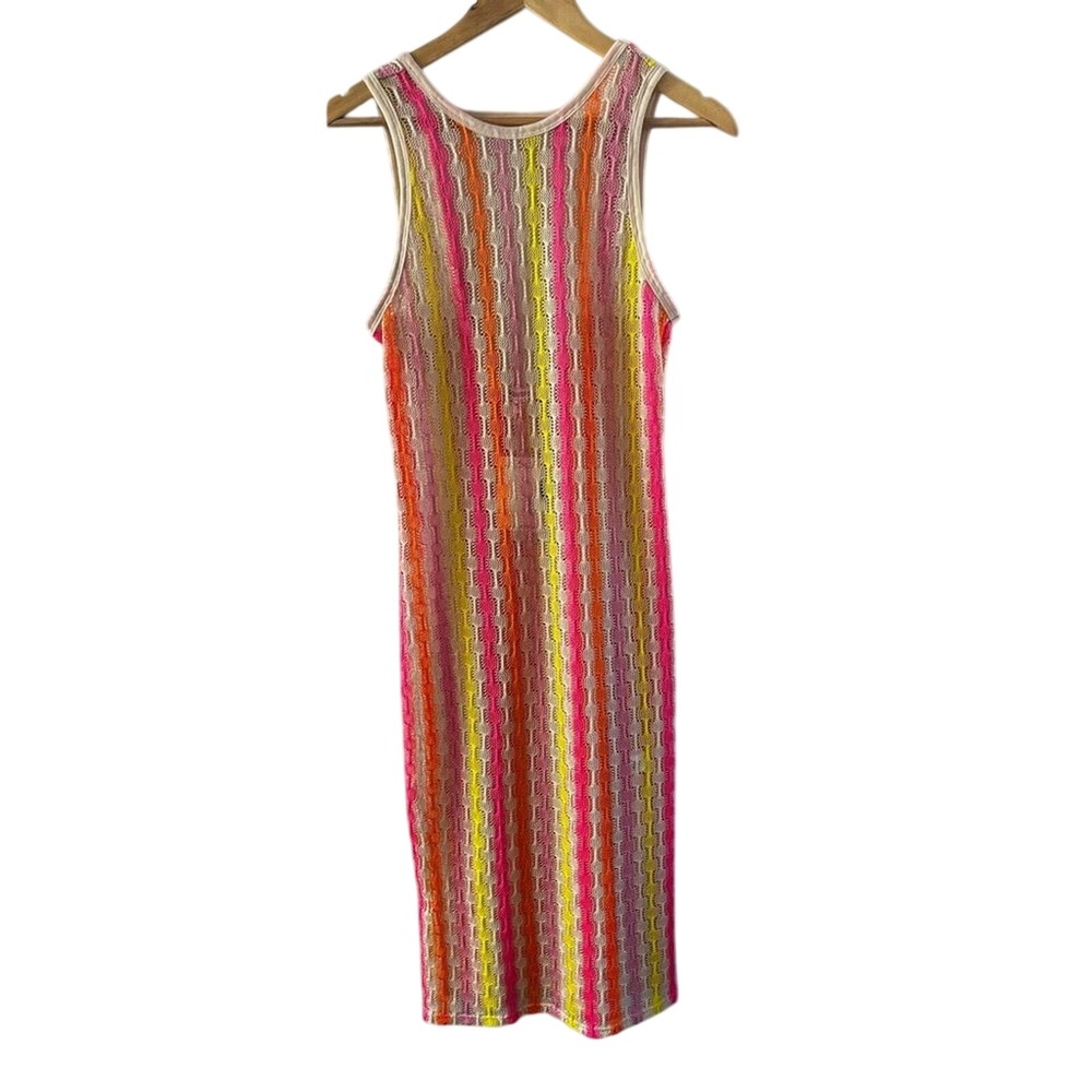 Miken Open Knit Sleeveless Cover Up Dress SZ Medium Vibrant Neon Multicolor